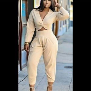 Beige Two Piece Crop Pants Set